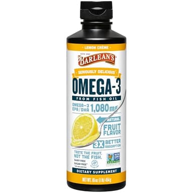 Barlean's Omega 3 Fish Oil Liquid Supplement for Men and Women, 1080mg of EPA and DHA Fatty Acid, Promotes Brain & Heart Health - Non-GMO, Lemon Crème, 16 oz