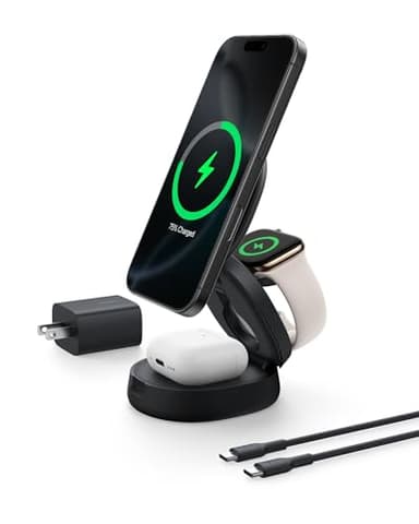 Belkin MagSafe Charger Compatible, 3-in-1 Qi2 15W Wireless Charging Station, Convertible Wireless Charger for iPhone 17, Apple Watch, AirPods, Pixel 10, Phone Stand for Travel w/ 36W Adapter - Black