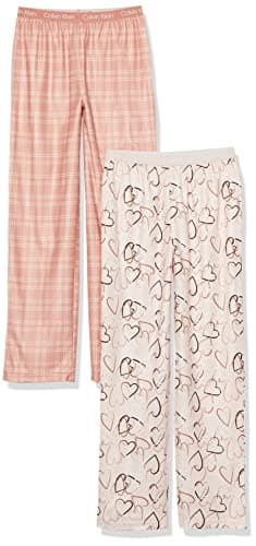 Calvin Klein Kids Girls' Soft Brushed Microfleece Pajama Pant 2-Pack, Pink Heart/Plaid, Large