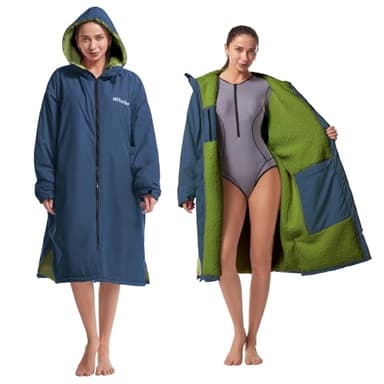 Hiturbo Warm Waterproof Swim Parka: Oversized Hooded Changing Robe - Sherpa Liner Swimming Coat - Recycled Fabric Surf Poncho (Navy)