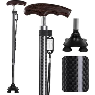 Carbon Fiber Quad Base Walking Cane with Wooden Handle - Lightweight Mobility Aid for Seniors and Injury Recovery, Adjustable Height for Stability and Comfort