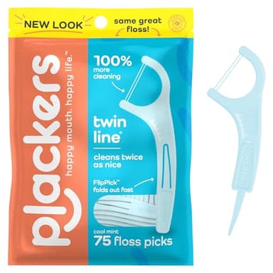Plackers Twin Line Dental Floss Picks, Dual-Line Tuffloss, Easy Storage, Cool Mint Flavor, 75 Count