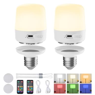 Minetom E26 Rechargeable Light Bulbs with Remote and Timer, Battery Backup Bulb with 12 Colors and Brightness Dimmable, 2300mAh 40W Equivalent LED Light Bulbs for Lamps Sconces Camping, 2 Pack