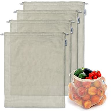 4-pack Reusable Produce Bags Grocery Washable XL, Organic Cotton Mesh Produce Bags Double-Stitched Vegetable Grocery Reusable, Tare Weight, Cotton Produce Bags Reusable Washable, Produce bgs XL