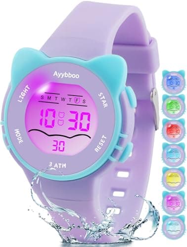 Ayybboo Kids Digital Watches for Girls Boys, 7 Color Lights Waterproof Cute Wristwatches for Kids with Alarm Stopwatch, Great Present for Girls Boys Ages 5-13