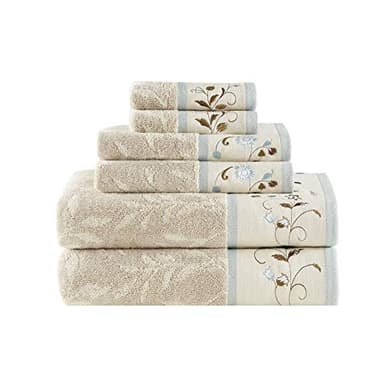 Madison Park Serene 100% Cotton Bath Towel Set Luxurious Floral Decorative Towels for Bathroom Embroidered Cotton Jacquard Design Soft Highly Absorbent for Shower 600 GSM, Multi-Sizes, Blue 6 Piece