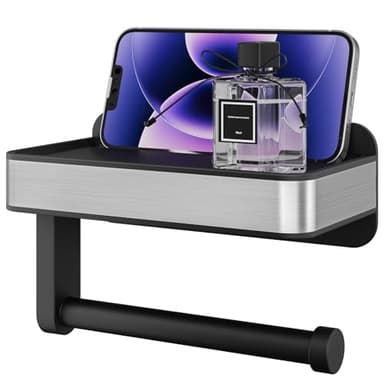 Kitsure Toilet Paper Holder with Shelf - Adhesive & Screw Wall Mount Toilet Paper Storage, Matte Black Design for Bathroom Decor, Space-Saving for Washroom, RV, Black, 7.1" W