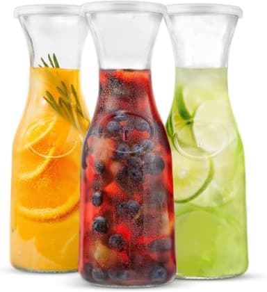 KooK Glass Carafe, Mimosa Bar Supplies, Carafe Pitchers with Lid, Set of 3, Glass Water Pitcher, Drink Dispensers for Parties, Tea, Wine, and Juice, Plastic Lids, Dishwasher Safe, 35 oz
