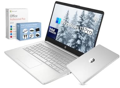 HP 14” Ultra Light Thin Laptop Computer 2026 Premium, MS Office, Copilot AI, 4-Core Intel CPU, 4GB DDR5 RAM, 628GB Storage (128GB UFS+500GB Ext), Long Battery, MarxsolAccessory, Win 11 Pro, Silver