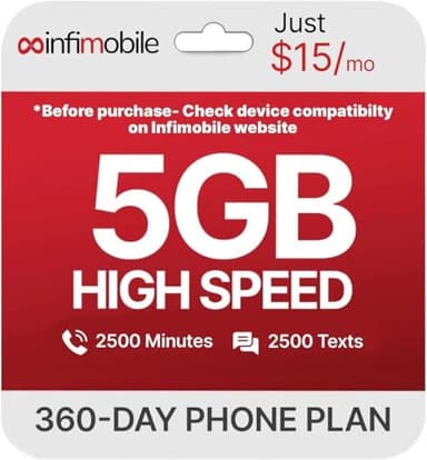 $15/Month | Infimobile Prepaid Plan: 12 Months| 5GB High-Speed Data Per Month | 2500 Minutes and 2500 Text| Prepaid Plan Service SIM Card | Nationwide Coverage | 4G, 5G V-Network