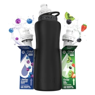 Cirkul 32oz. Matte Black Stainless Steel Water Bottle Starter Kit with Black Lid and 2 Flavor Cartridges (1 LifeSip Blueberry Grape, 1 GoSip Kiwi Berry) No Sugar, Zero Calorie Drink Mix
