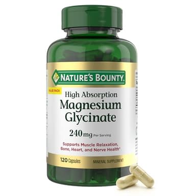Nature’s Bounty High Absorption Magnesium Glycinate 240 mg for Supporting Muscle Relaxation and Bone, Heart & Nerve Health – Non-GMO, Gluten-Free, Vegetarian, 120 Count/60 Servings