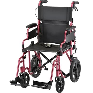 NOVA Lightweight Folding Transport Chair – Aluminum Travel Wheelchair with Flip-Up Desk Arms, One-Grip Locking Handbrakes, 8” Front & 12” Rear All-Terrain Wheels – Supports Adults Up to 300 lbs – Red