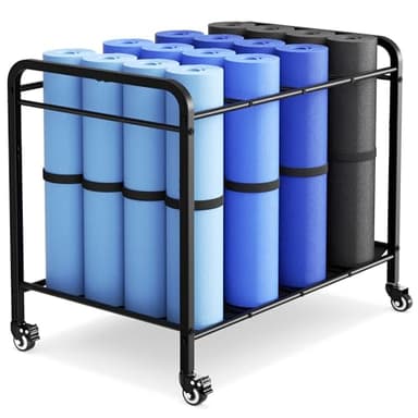 Black Yoga Mat Storage Rack Basket with Wheels, Floor-Standing Metal Yoga Mat Cart Workout Equipment for Foam Roller Dumbbells Kettlebells,in Gym,Fitness Classes, Yoga Studio & Home Gym