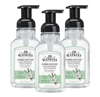 J.R. Watkins Foaming Hand Soap Pump with Dispenser, Moisturizing Hand Soap Foam, Alcohol-Free and Cruelty-Free, Use for Kitchen or Bathroom, Menthe a la Vanille/Vanilla Mint, 9 fl oz, 3 Pack