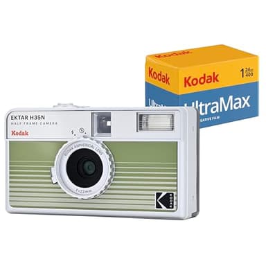 Kodak EKTAR H35N Half Frame Film Camera Bundle with Kodak Ultramax 400/24EXP 35mm Roll Film (Striped Green, Bundle)