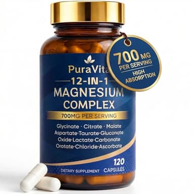 Puravita 12 in 1 Magnesium, Magnesium Complex for Women Men, 700mg High Absorption, Glycinate, Citrate, Malate, Oxide, Taurat, Relaxation & Energy Support, Vegan 120 Capsules (A)
