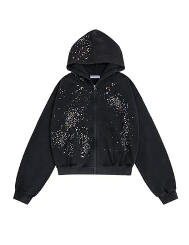 Aelfric Eden Star Rhinestone Zip Up Hoodies Womens Mens Casual Hooded Jackets Unisex Loose Crystal Y2K Pocket Sweatshirts Black L