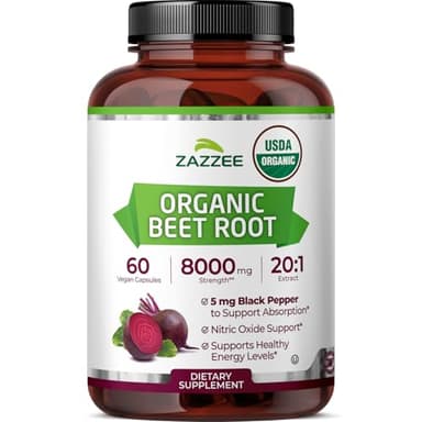 Zazzee USDA Organic Beet Root 20:1 Extract, 60 Vegan Quick Release Capsules, 2 Month Supply, Nitric Oxide Support, Black Pepper Extract for Enhanced Absorption, Certified Kosher, Non-GMO, Made in USA
