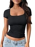 Trendy Queen Tshirts Shirts for Women Double Lined Going Out Crop Tops 2025 Spring Summer Workout Y2k Clothes Beach Fashion Black M