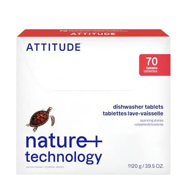 ATTITUDE Dishwasher Pods, Plant-Based & Vegan, Phosphate-Free Detergent Tablets, Naturally Derived, Unscented, 70 Count