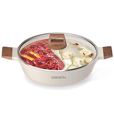 Dezin 5-QT Double-flavor Shabu Shabu Pot with Divider, Dual Sided Nonstick Hot Pot, 12 Inch Divided Stockpot for Cooking, Hotpot for Induction Cooktop, Gas Stove & Hot Burner, Soup Ladle Included