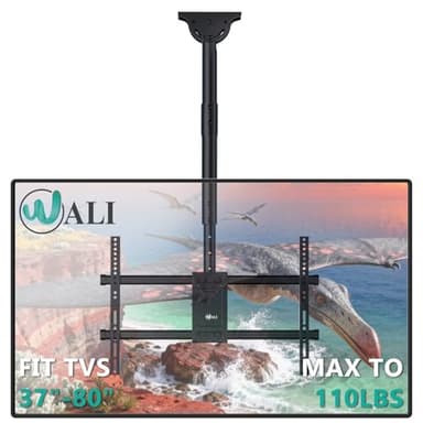WALI Ceiling TV Mount for Most 37 to 80 inch Flat Screen Display, Hanging TV Mount Bracket with Swivel, Tilt Fits LED, LCD, OLED 4K TVs up to 110lbs, Max Mounting Holes 600x400mm (CM3770), Black