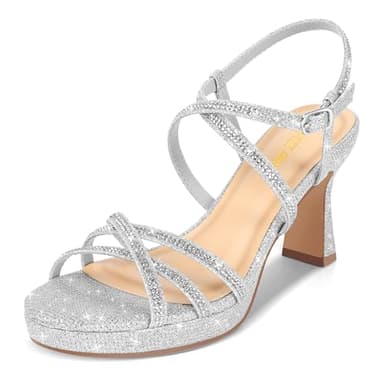 PIZZ ANNU Women's Stellora Platform High Heels Block Chunky Womans Strappy Sparkly Rhinestone Crystal Slingback Dress Pump Sandals Shoes, Silver 9.5