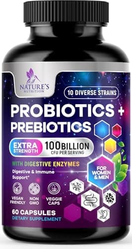 Probiotics 100 Billion CFU Per Serving - 10 Probiotic Strains & Prebiotics - Digestive Gut Health, Immune Support & Occasional Constipation, Gas & Bloating - Daily Supplement For Adults - 60 Capsules