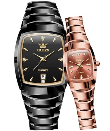 OLEVS Couple Watch Men and Women His and Her Watches Set Analog Date Diamond Stainless Steel Waterproof Luminous Wrist Watch Rose Gold Black