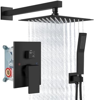 Aolemi Shower Faucet Set Rain Shower System with Handheld Spray Bathroom Shower Combo Rough-in Valve and Shower Trim Kit Included Matte Black 8 Inch Wall Mount Shower Head