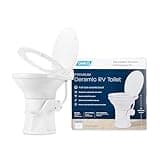 Camco Premium Ceramic Camper/RV Toilet - Features Gravity Flush System w/Convenient Foot Pedal - Full-Sized Ergonomic Design w/18" Chair Height - Soft-Close Wood Seat & Lid - White (41710)