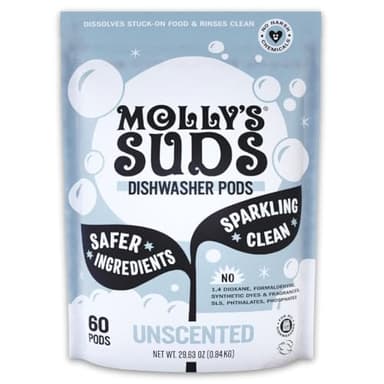 Molly's Suds Dishwasher Pods | Clean Dishwasher Detergent, Cuts Grease & Rinses Clean (Residue-Free) for Sparkling Dishes | 60 Auto-Release Tabs (Unscented)