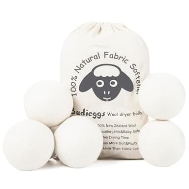 Budieggs Wool Dryer Balls Organic XL 6-Pack, 100% New Zealand Wool Chemical Free Fabric Softener for 1000+ Loads, Baby Safe & Hypoallergenic, Fabrics Soft and Fluffy Naturally