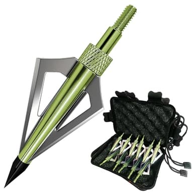 e5e10 12pcs Archery Broadheads 3 Fixed Steel Blade 125 Grain Hunting Arrowheads Fit for Compound Bow and Crossbow with One Black Plastic Portable Broadheads Case (Green)