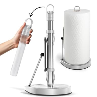 Stainless Steel Paper Towel Holder with Tension Arm and Spray Pump – One-Handed Tear, Smart Traction System, Heavy Duty Suction Cups, Weighted Base, Kitchen Towel Dispenser for Countertop Use (Silver)