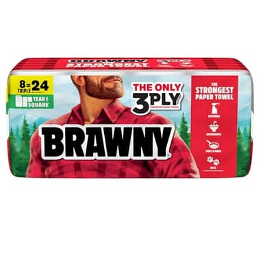 Brawny Tear-A-Square 3-Ply Paper Towels, 8 Triple Rolls = 24 Regular Rolls, Strong, Absorbent, and Durable with 3 Sheet Sizes (Quarter, Half, Full)