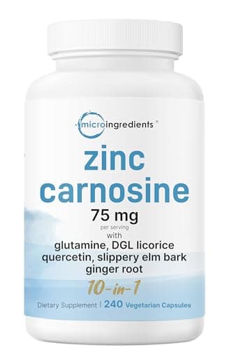 Zinc Carnosine 75mg, 240 Veggie Capsules | 10-in-1 Zinc Supplements for Men & Women with Glutamine, DGL Licorice, Quercetin, Slippery Elm Bark, & Ginger Root | Non-GMO, Gluten Free