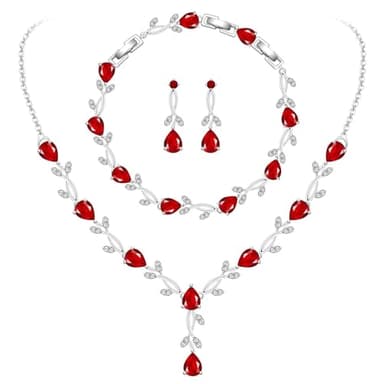 GZWHD Red Ruby Rose Jewelry Set for Women Valentine's Day Anniversary Birthday Gift Wife Girlfriend Lover Silver Jewelry Set Wedding Party Earrings Necklace Bracelet set