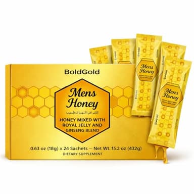 BoldGold Mens Honey, Royal Jelly and Ginseng Blend, Extra Strength, No Added Sugar, 24 Sachets, 18g Each