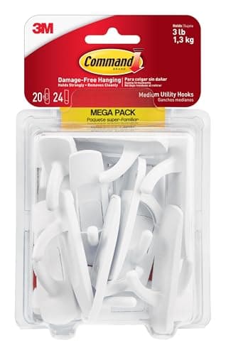 Command Medium Utility Hooks, 20 Hooks and 24 Strips, Damage-Free Hanging Wall Hook with Adhesive Strips, No Tools Great for Hanging, Organization and Storage, Holds up to 3 lb