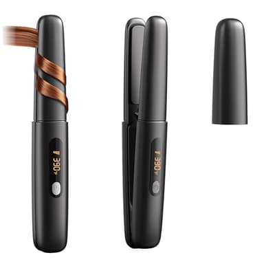 Cordless Hair Straightener Curler 2 in 1 Ceramic Flat Iron Mini Portable Fast Heating 30s 4500mAh Battery 4 Temp Adjustments LCD Display USB Rechargeable for Women Men with Pouch (Black