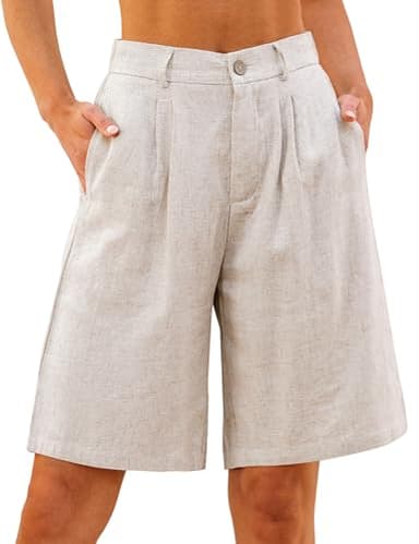 luvamia Linen Shorts for Women High Waisted Bermuda Shorts for Women with Pockets Beige Size Large Fits US 12-14