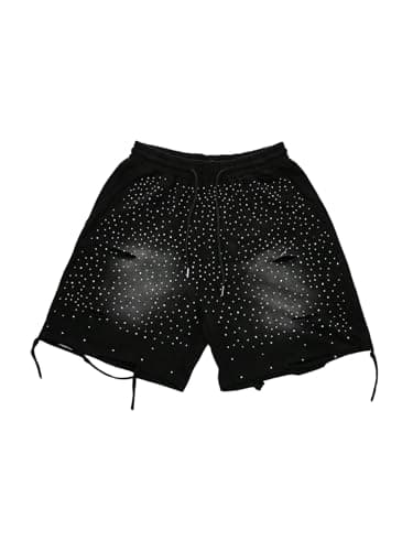 RoseSeek Men's Glitter Rhinestone Ripped Shorts Drawstring Waist Wide Leg Party Shorts with Pockets Black Medium