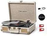 Linen Vinyl Record Player Bluetooth Vintage 3-Speed Portable Suitcase Turntables with Built-in Speakers, 33 45 78 RPM Belt-Driven LP Player Support USB Recording AUX-in RCA Out Headphone Jack, Beige