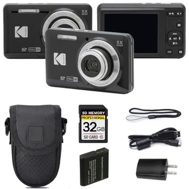 Kodak PIXPRO FZ55 Digital Camera, 16MP Compact Point & Shoot, 5X Optical Zoom, 28mm Wide Angle Lens, 1080P Full HD Video, Black + Camera Case & 32GB SD Card