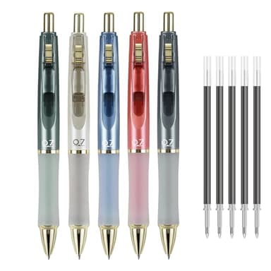 SUIN Retractable Gel Pens, 0.7mm Medium Point Black Ink Pens, Macaron Colors with Ergonomic Silicone Grip & Pen Clip, Includes 5 Extra Refills (10 Total Inks), 5 Count for Office, School & Journaling