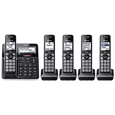 Panasonic Cordless Phone with Advanced Call Block, Link2Cell Bluetooth, One-Ring Scam Alert, and 2-Way Recording, Answering Machine, 5 Handsets - KX-TGF975B (Black/Silver Trim)
