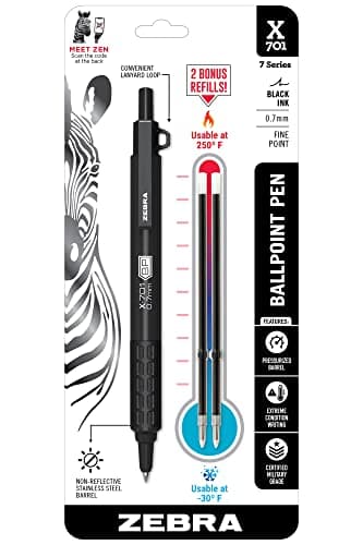 Zebra Pen, X-701 Tactical Ballpoint Pen, Writes in Extreme Conditions, Matte Black Stainless Steel, Refillable, Lanyard Loop, 0.7mm Black Ink, 1-Pack Plus 2 Bonus Refills, (29811)