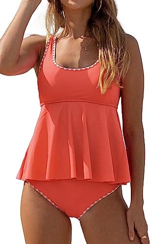 Beachsissi Women Cute Ruffle Hem Tankini Set Tummy Control Bathing Suit, Orange, L